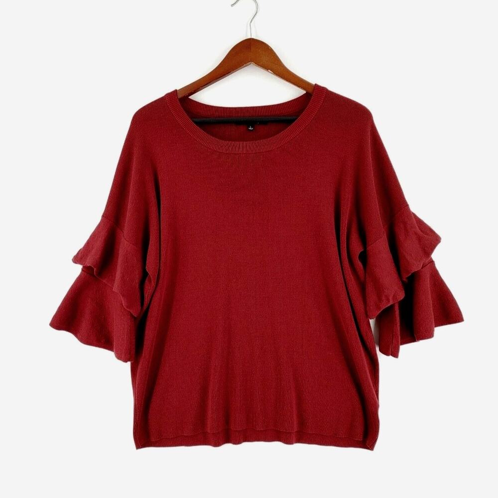 Burgundy Ruffle Sleeve Knit Top Womens Large Fine Sweater‎ Career Relativity